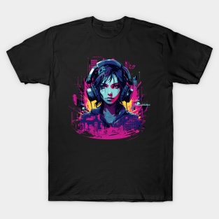 Retro Cyberpunk Woman in Headphones listening to music T-Shirt